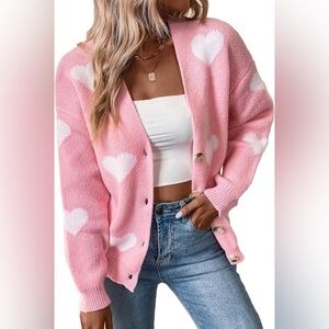 Women's Button Down Cardigan Cute Heart Print V Neck Soft Cardigan Sweater